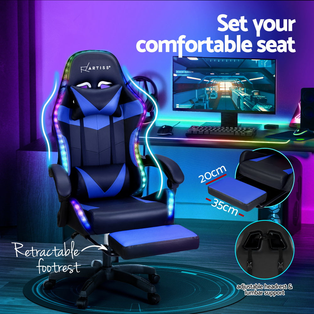 Artiss Gaming Office Chair 6-Point Massage LED Footrest Blue
