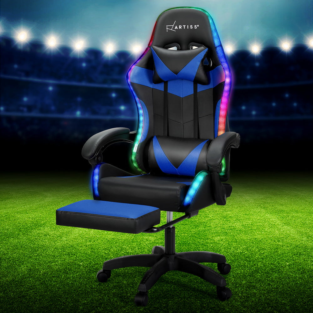 Artiss Gaming Office Chair 6-Point Massage LED Footrest Blue