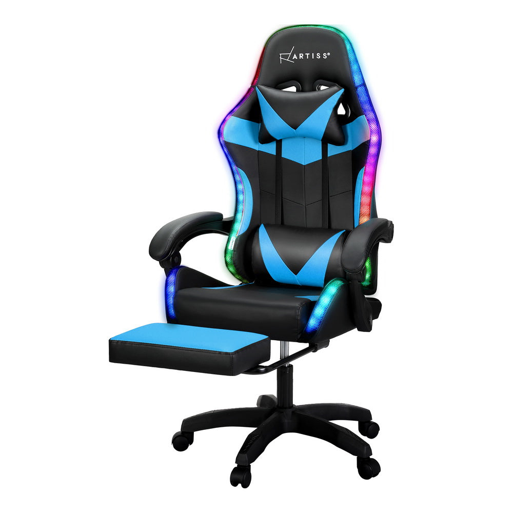Artiss Massage Gaming Chair 6-Point LED Footrest Cyan Blue