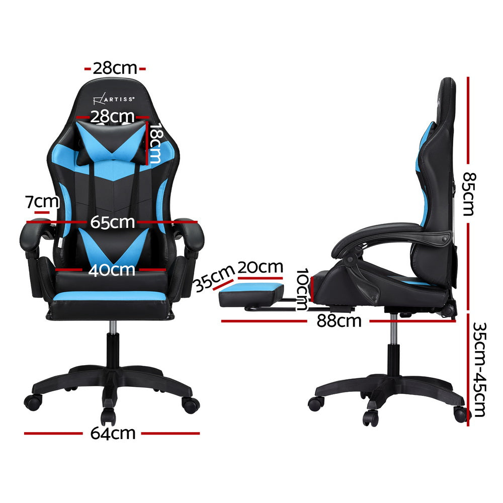 Artiss Massage Gaming Chair 6-Point LED Footrest Cyan Blue