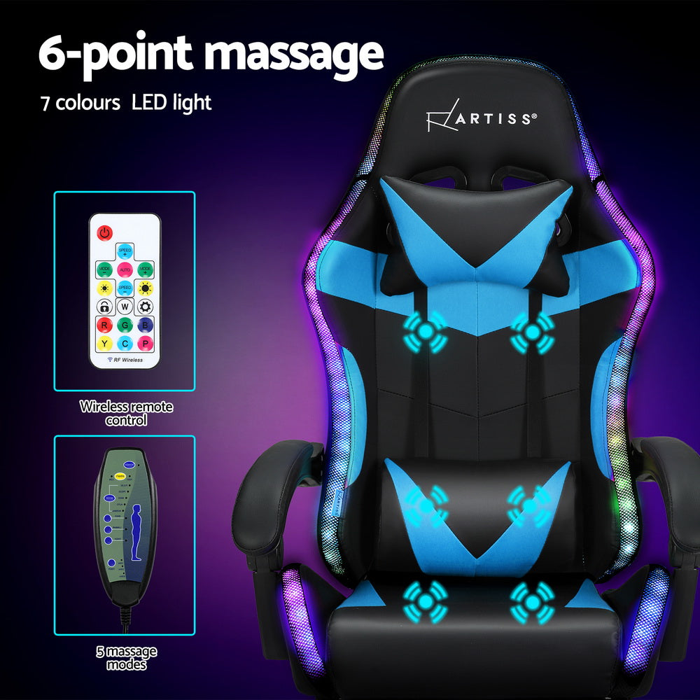 Artiss Massage Gaming Chair 6-Point LED Footrest Cyan Blue