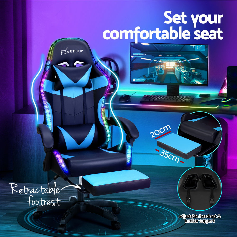 Artiss Massage Gaming Chair 6-Point LED Footrest Cyan Blue