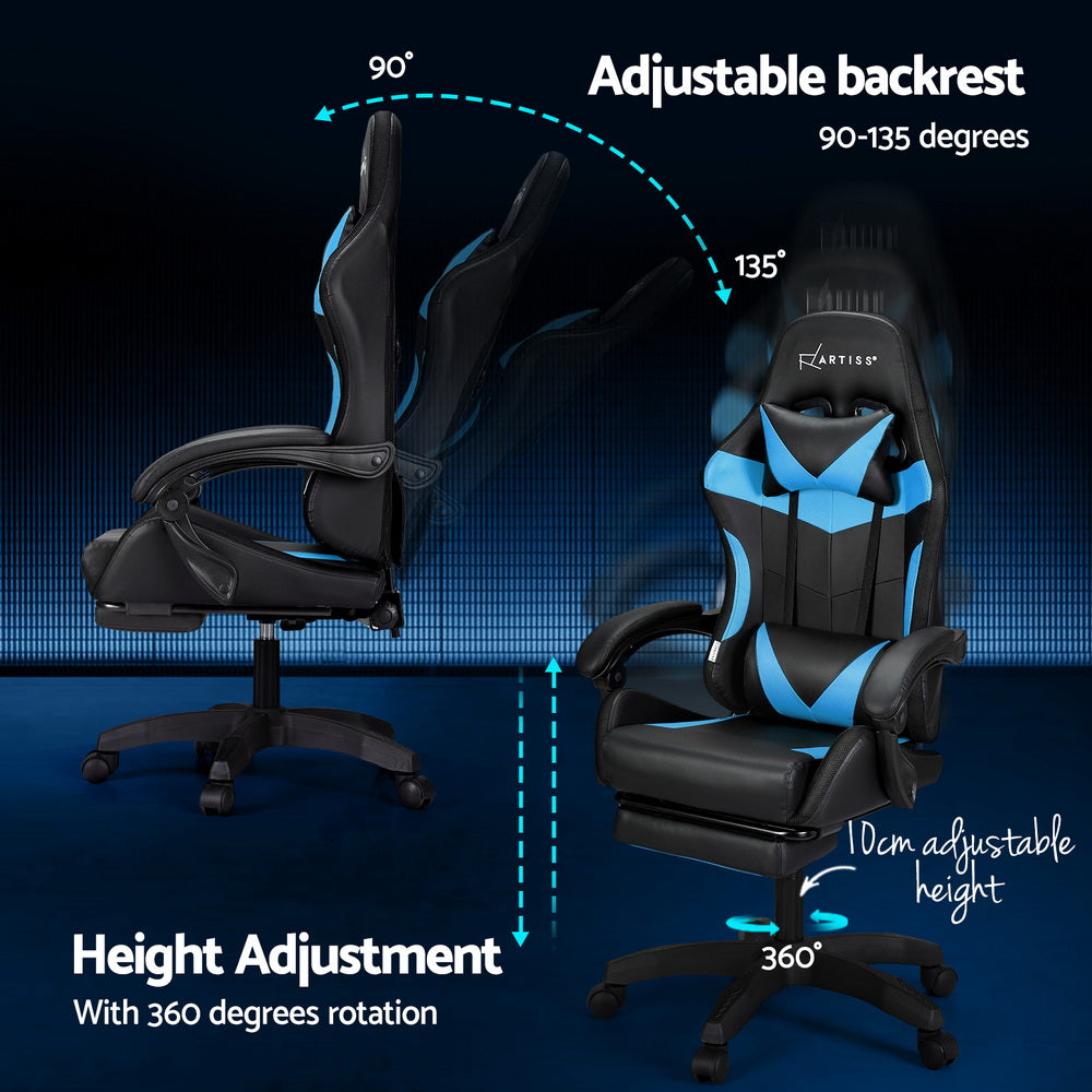 Artiss Massage Gaming Chair 6-Point LED Footrest Cyan Blue