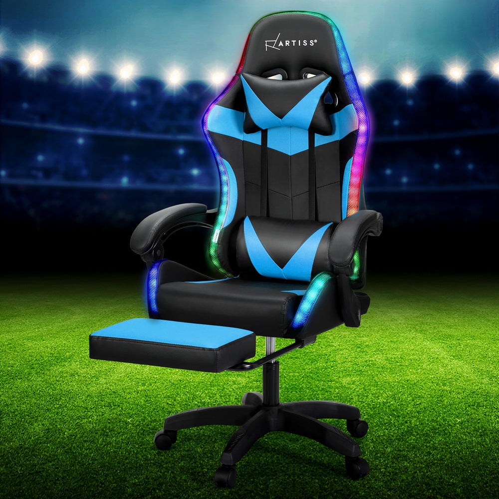Artiss Massage Gaming Chair 6-Point LED Footrest Cyan Blue
