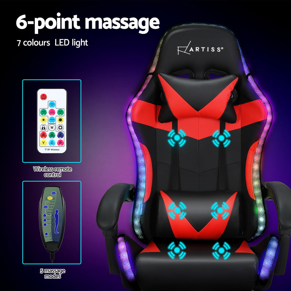 Artiss Gaming Office Chair Massage 7 LED Footrest Red