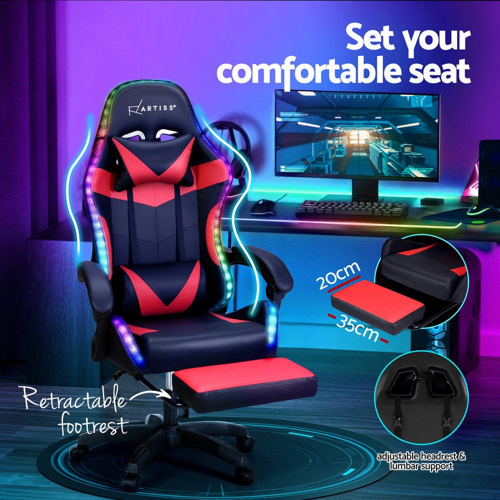 Artiss Gaming Office Chair Massage 7 LED Footrest Red
