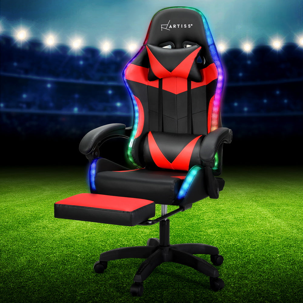 Artiss Gaming Office Chair Massage 7 LED Footrest Red