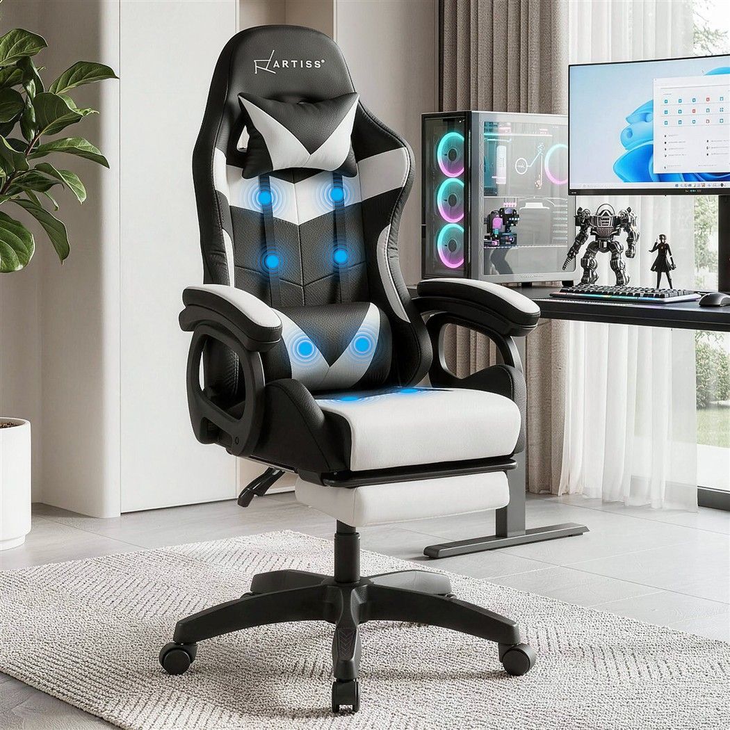 Panda Gaming Office Chair with 8 Point Massage Recline White