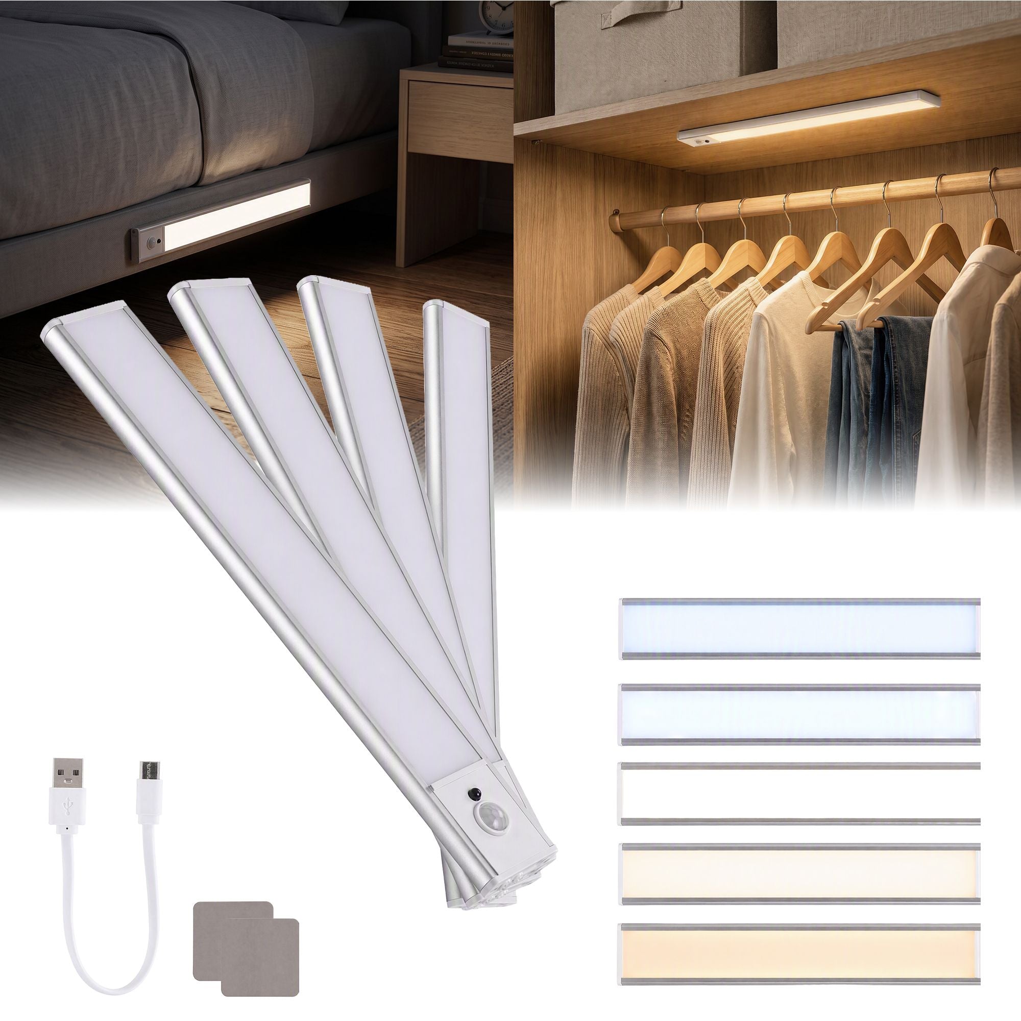 Artiss 4-Pack Motion Sensor Cabinet Lights, 20cm Dimmable LED Closet Light with 5 Colors, Type-C Rechargeable Magnetic Night Light with 5 Colors