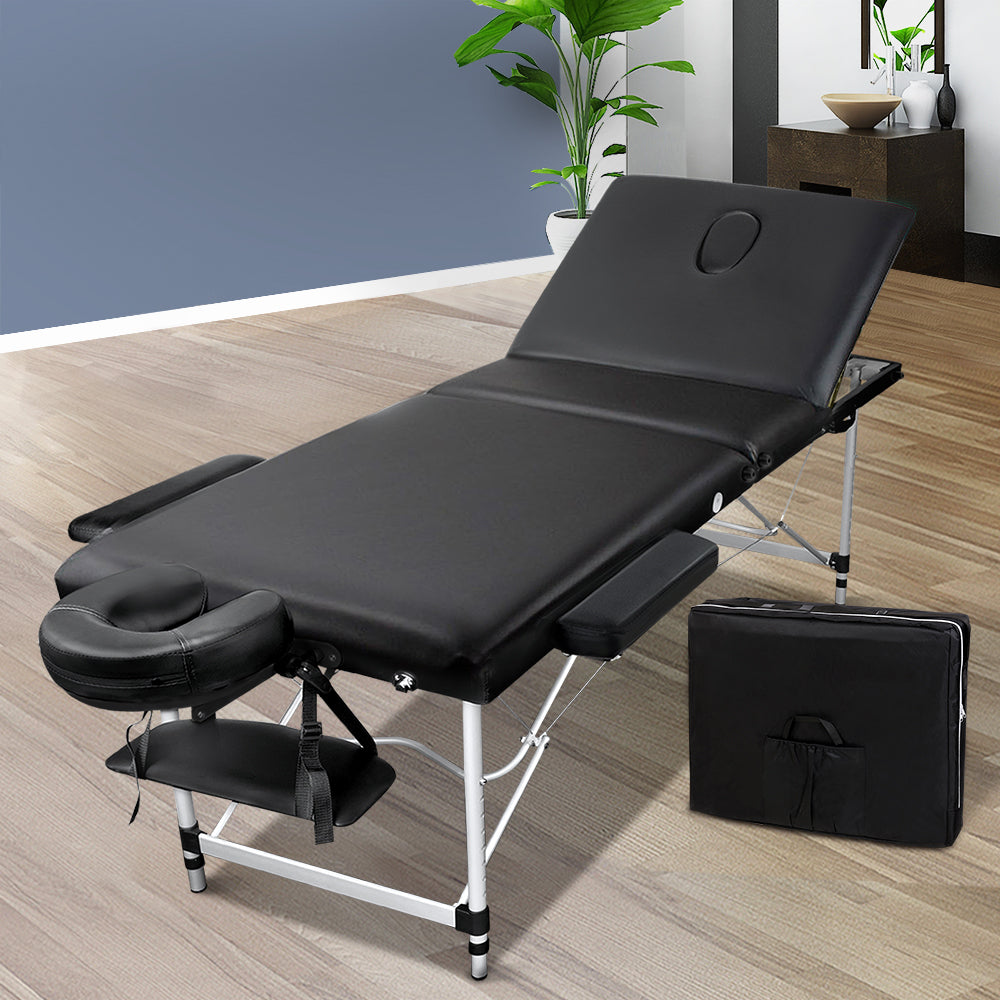 Zenses Portable Massage Table 60cm 3 Fold Aluminium Beauty Bed Black