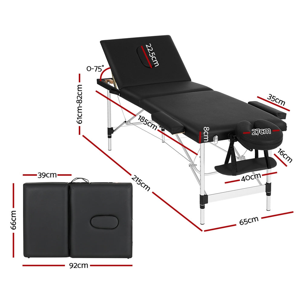 Zenses 65cm Portable 3-Fold Aluminium Massage Table Black