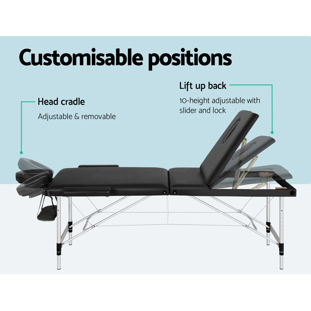 Zenses 65cm Portable 3-Fold Aluminium Massage Table Black