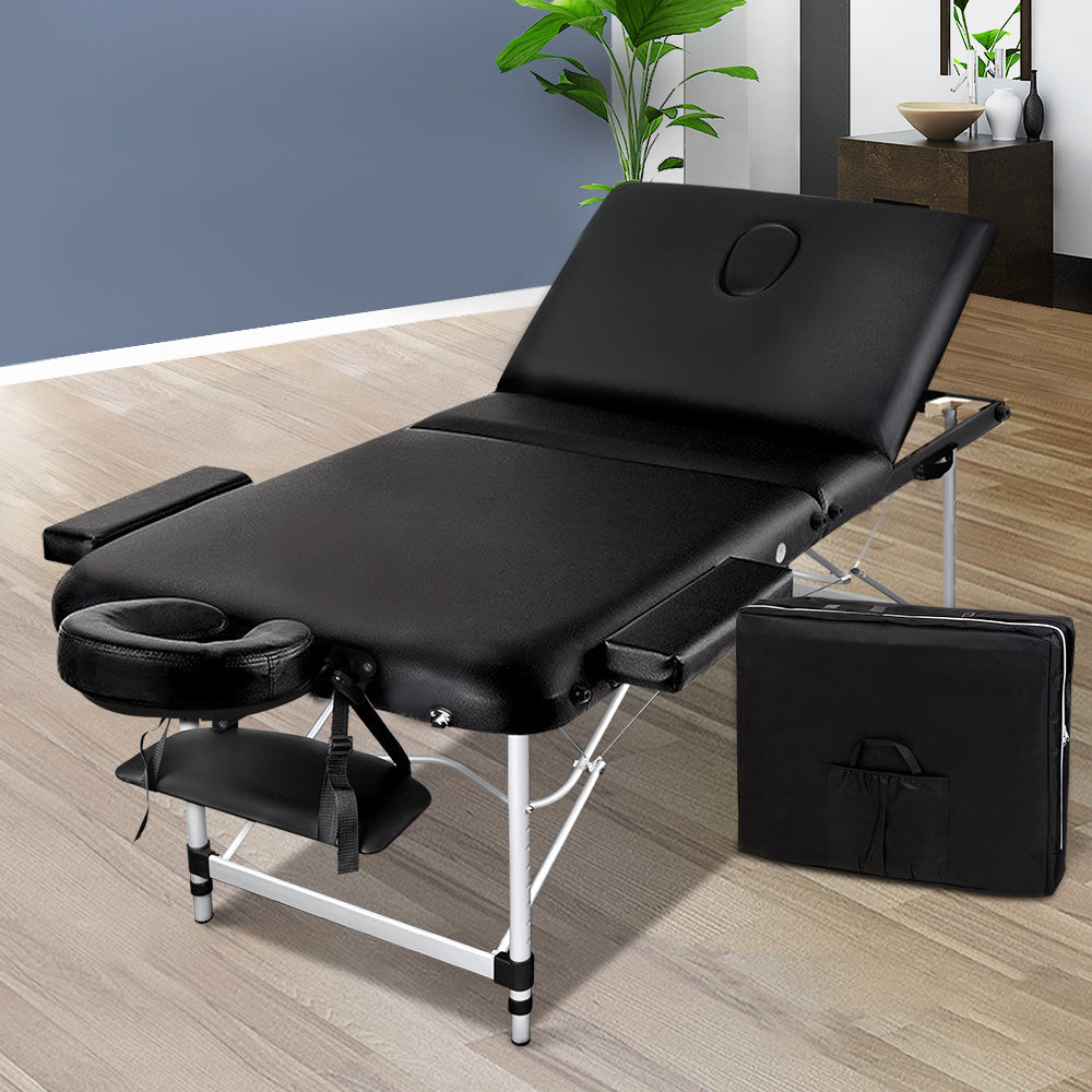 Zenses Aluminium Massage Table 70cm Portable 3 Fold Beauty Bed Black