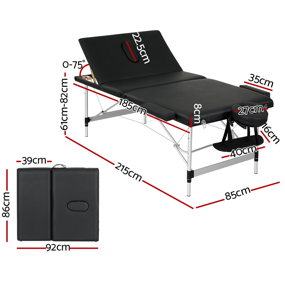 Zenses 85cm Portable 3-Fold Aluminium Massage Table Black