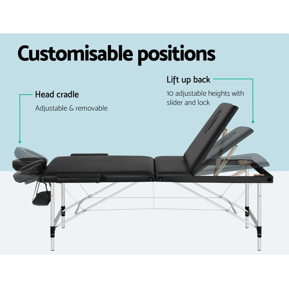 Zenses 85cm Portable 3-Fold Aluminium Massage Table Black