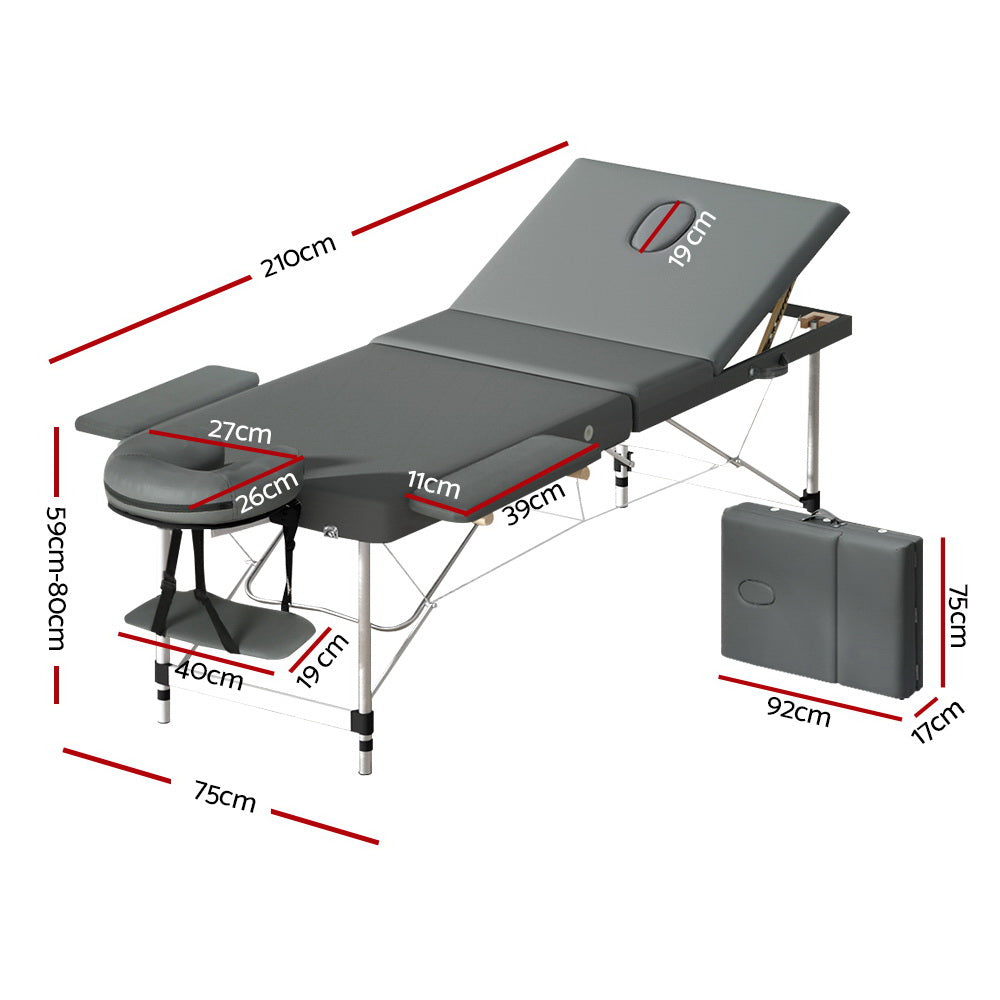 Zenses 75cm Portable Massage Table 3 Fold Aluminium Grey