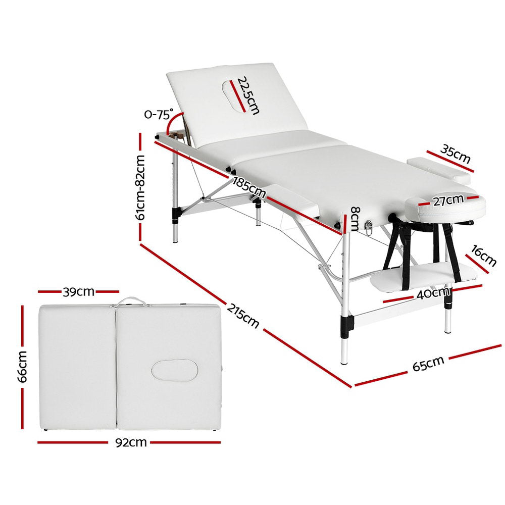 Zenses 65cm Portable Massage Table 3 Fold Aluminium Beauty Bed White