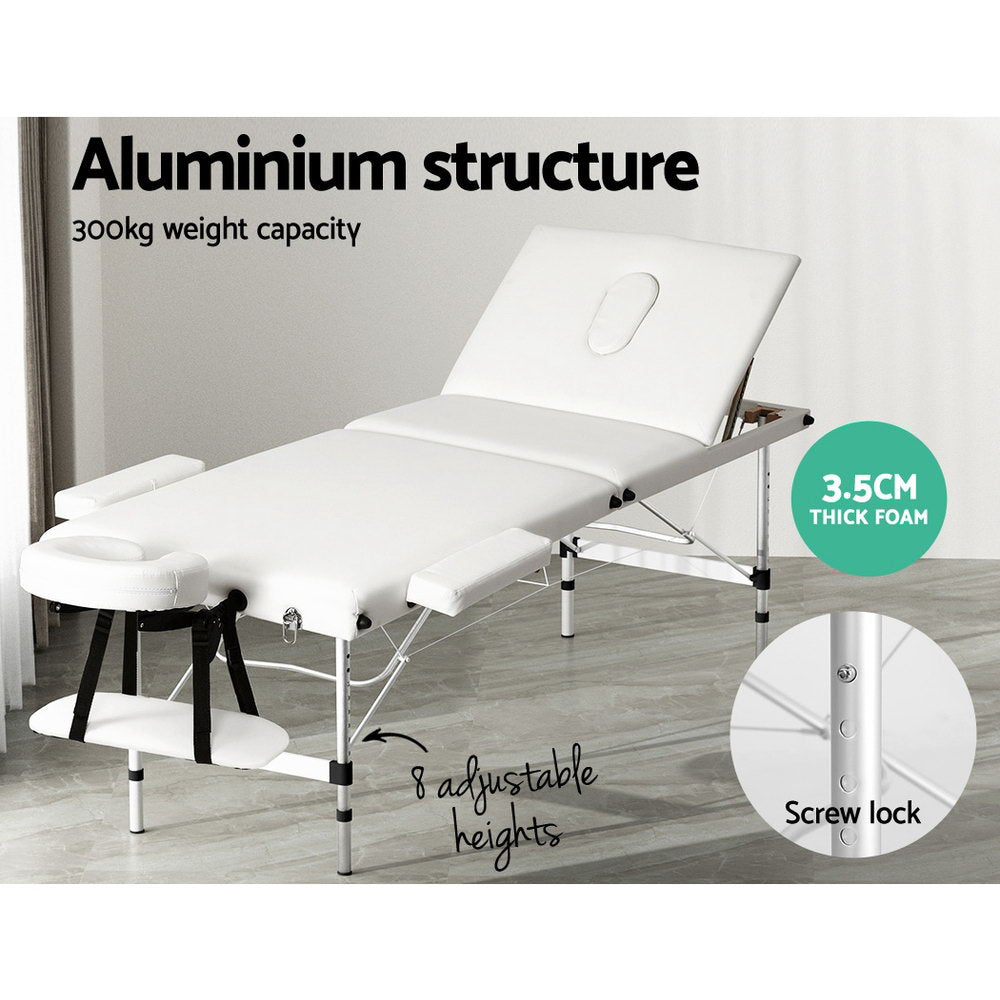 Zenses 65cm Portable Massage Table 3 Fold Aluminium Beauty Bed White