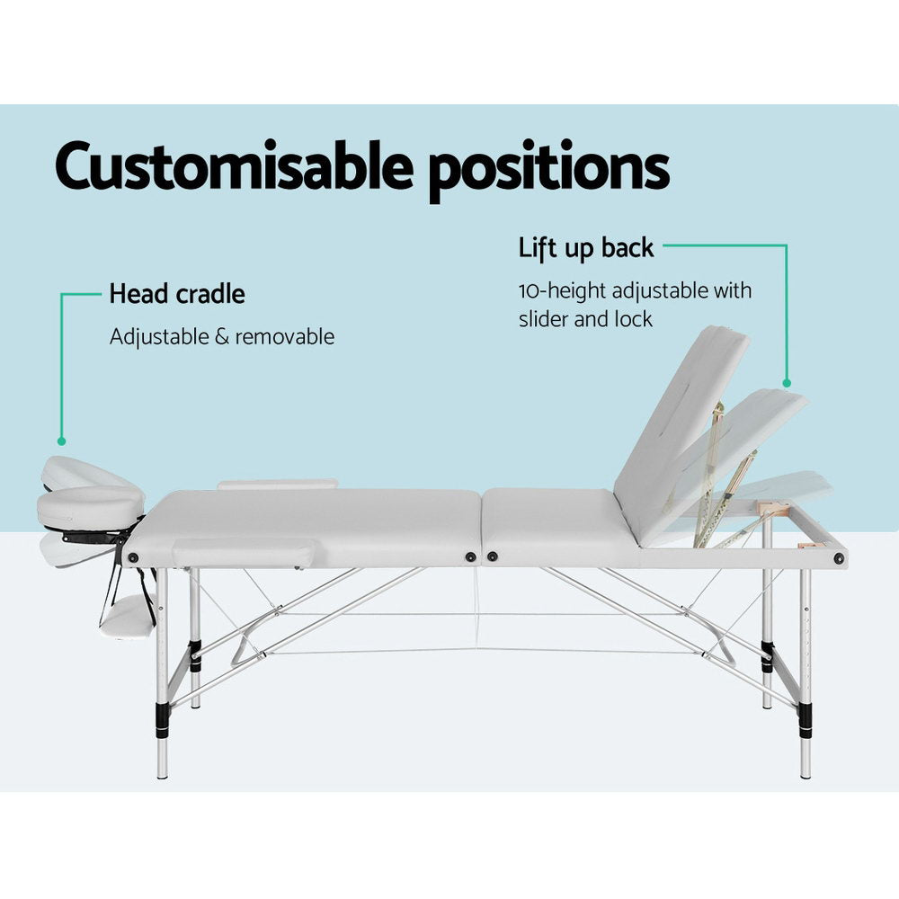 Zenses 65cm Portable Massage Table 3 Fold Aluminium Beauty Bed White