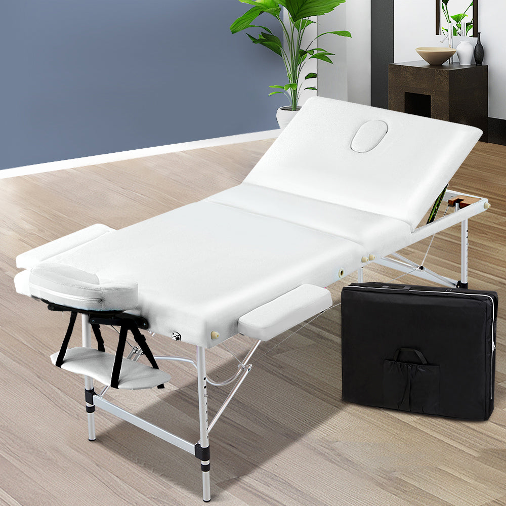 Zenses Portable 3 Fold Massage Table 75cm Aluminium Beauty Bed White