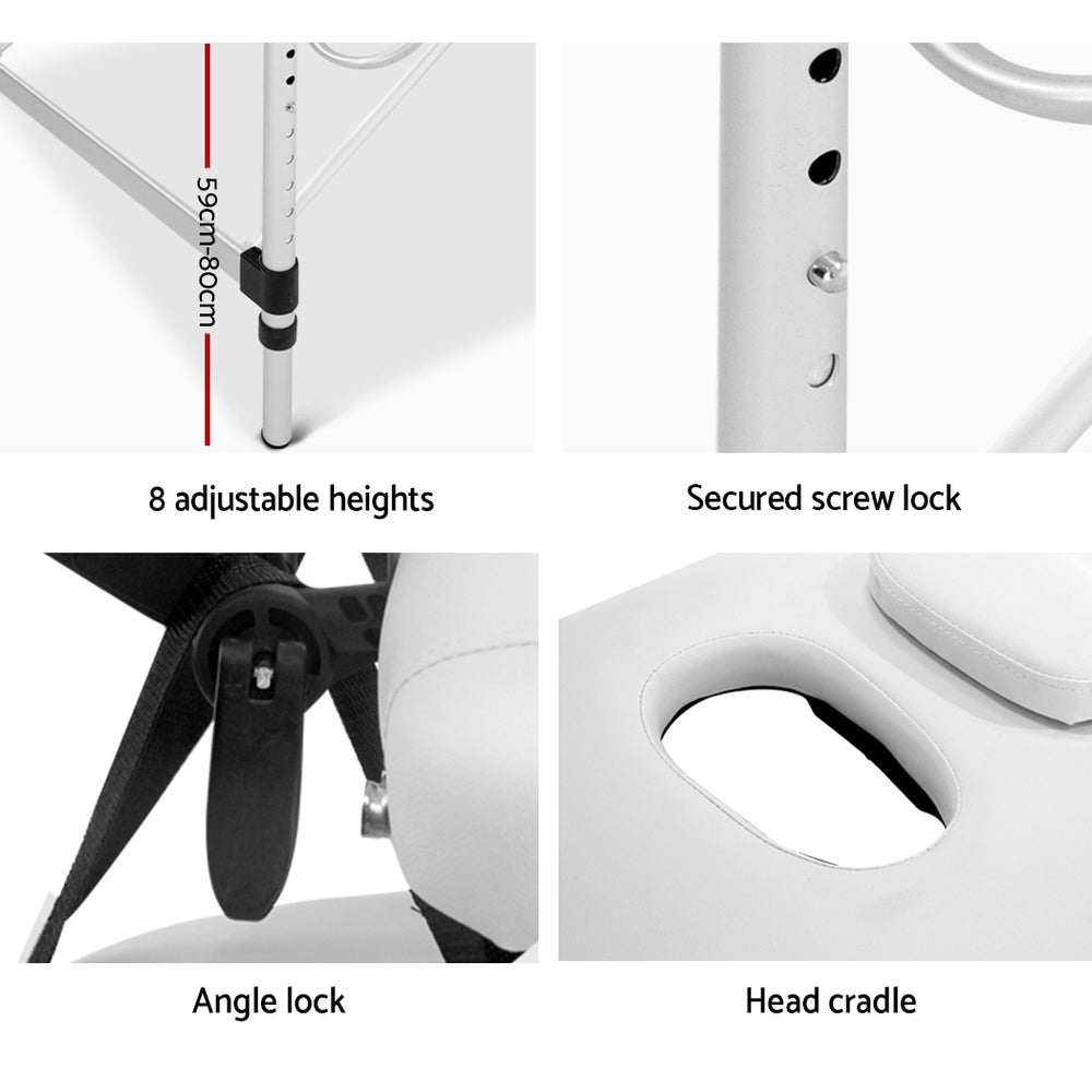 Zenses 75cm Portable Massage Table 3 Fold Aluminium White