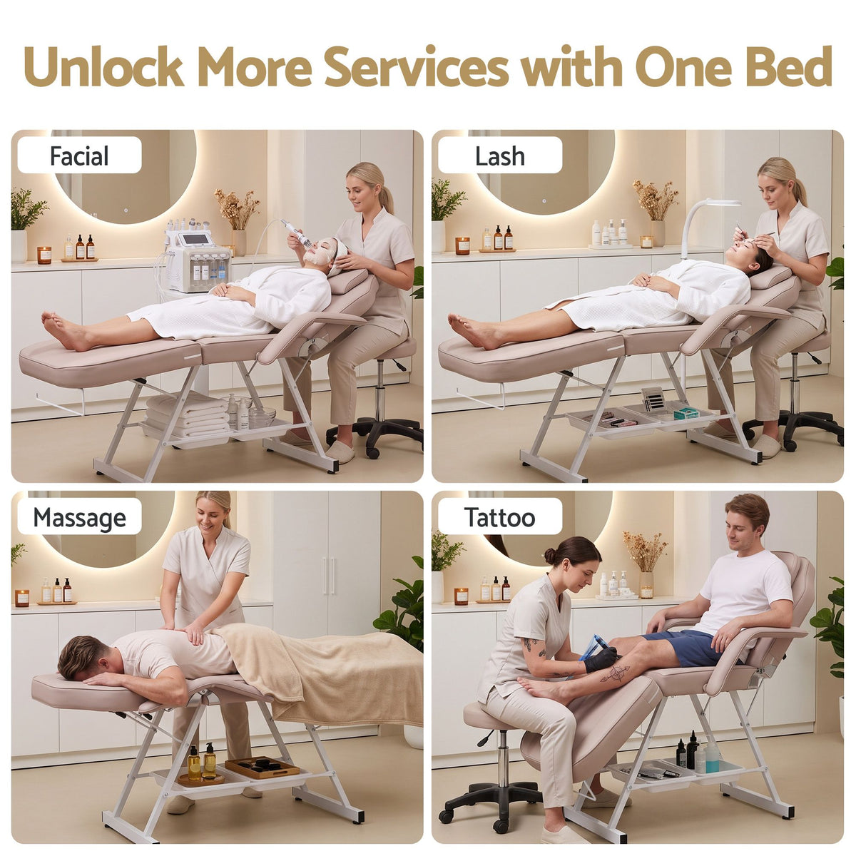 Zenses Adjustable Beauty Bed with Stool, Beige, Facial Massage Table