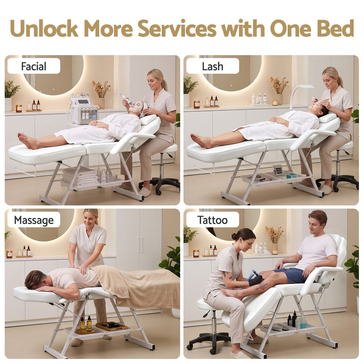 Zenses Adjustable Beauty Bed with Stool, White