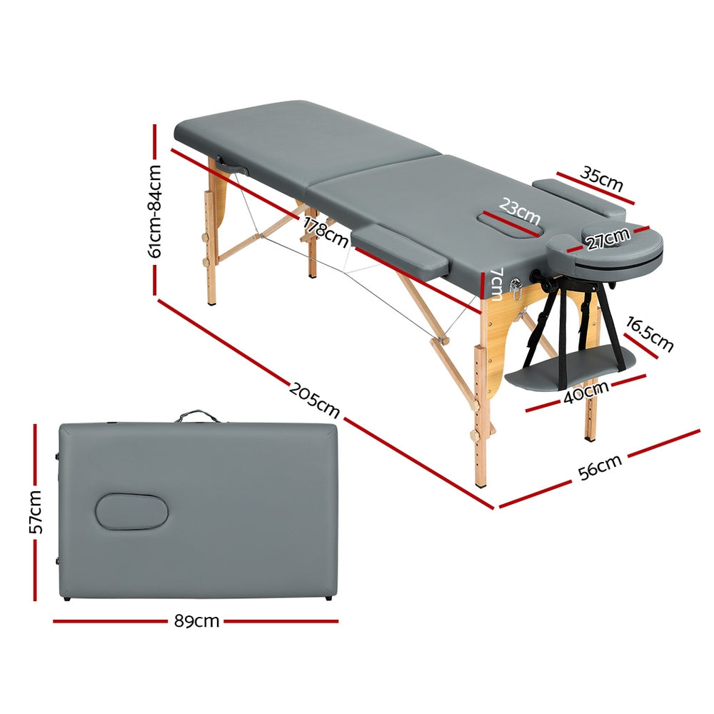 Zenses 56cm Portable Massage Table 2 Fold Wooden Beauty Bed Grey