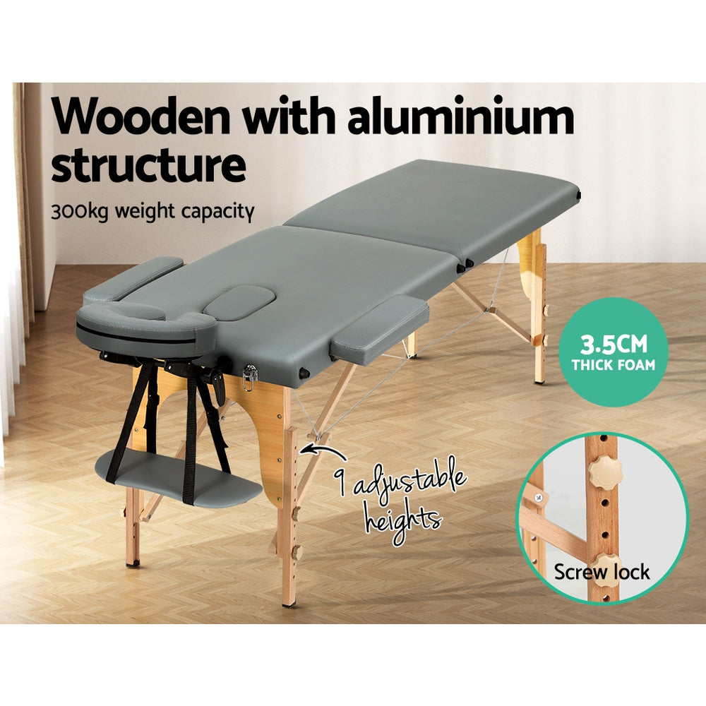 Zenses 56cm Portable Massage Table 2 Fold Wooden Beauty Bed Grey