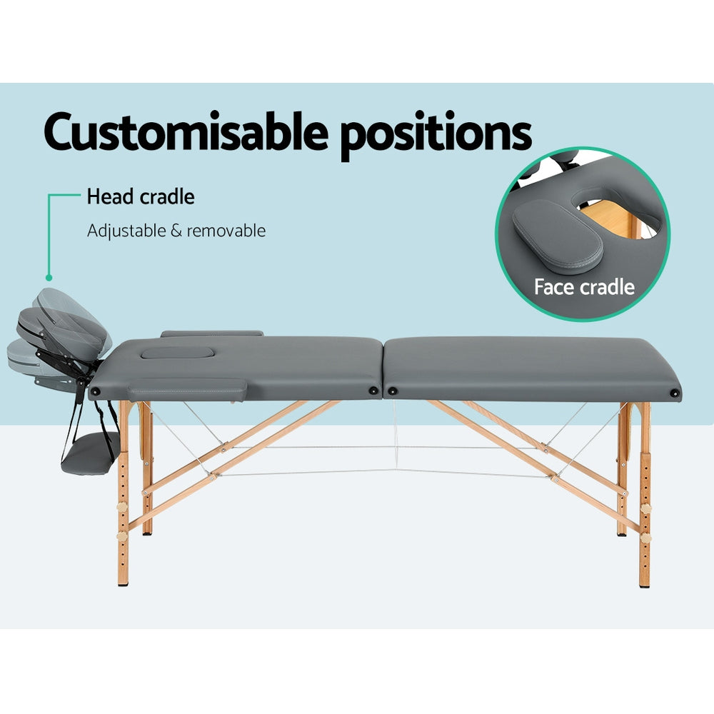 Zenses 56cm Portable Massage Table 2 Fold Wooden Beauty Bed Grey