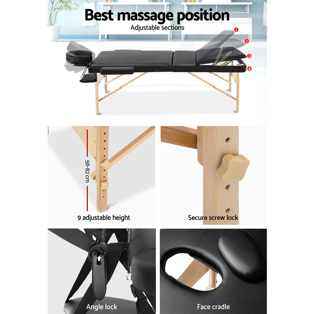 Zenses 60cm Portable 3-Fold Wooden Massage Table Black