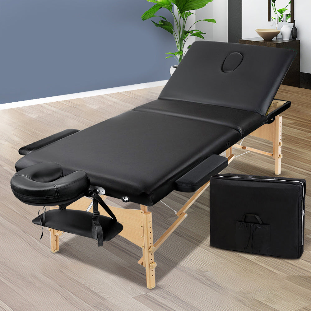 Zenses Portable Massage Table 75cm Wooden 3 Fold Beauty Bed Black