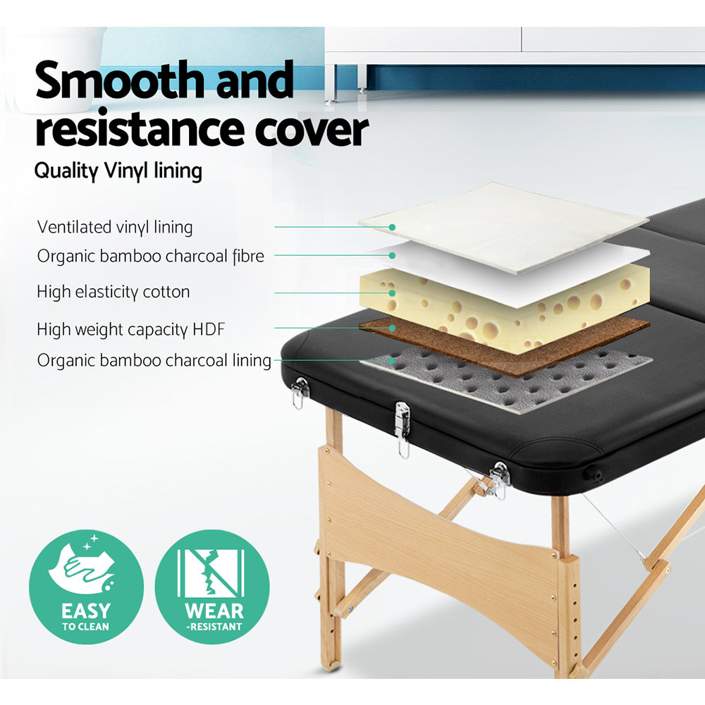 Zenses 75cm Portable Wooden Massage Table 3 Fold Black