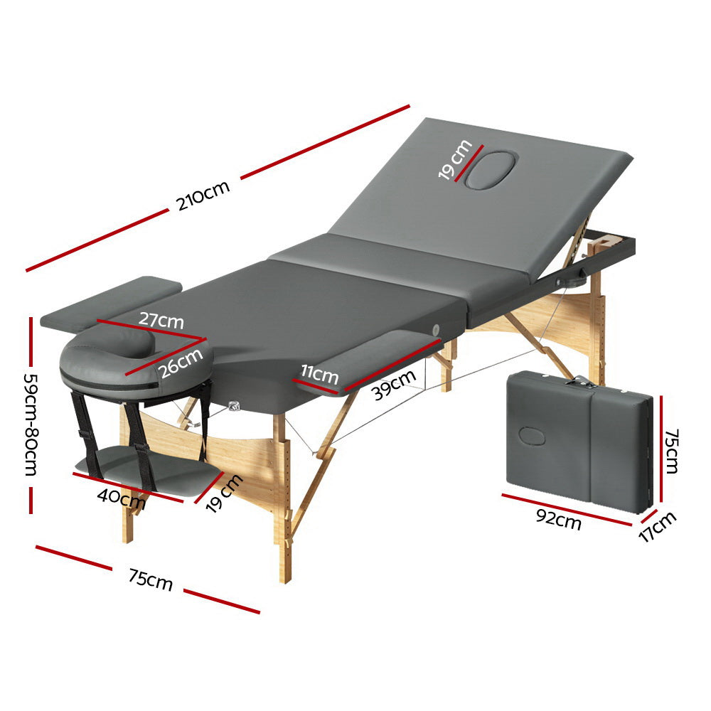 Zenses 75cm Portable Massage Table 3 Fold Wooden Grey