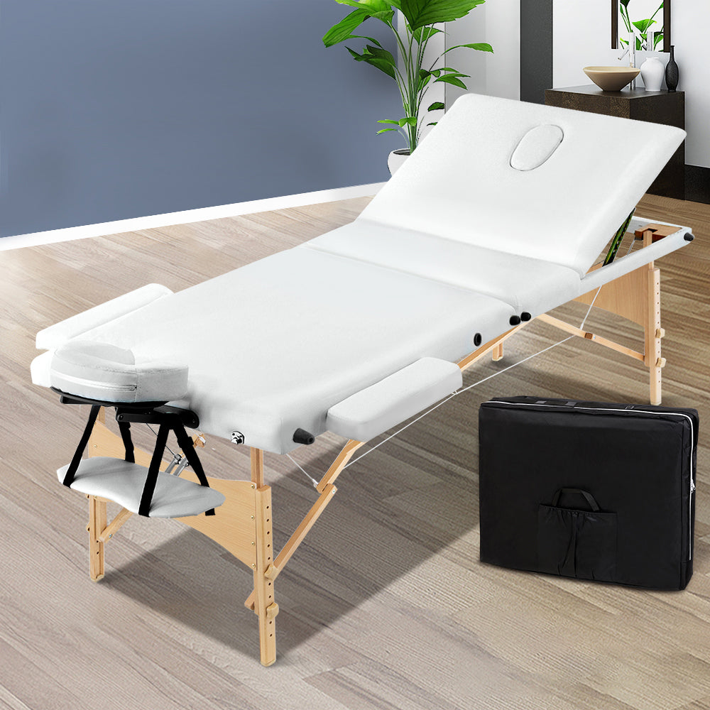 Zenses Portable Massage Table 70cm 3 Fold Wooden Beauty Bed White