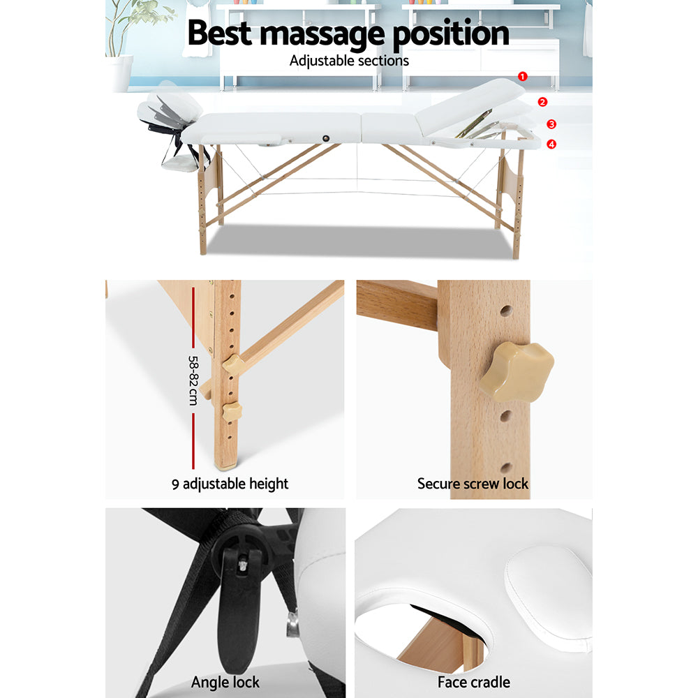 Zenses 70cm Portable 3 Fold Wooden Massage Table White