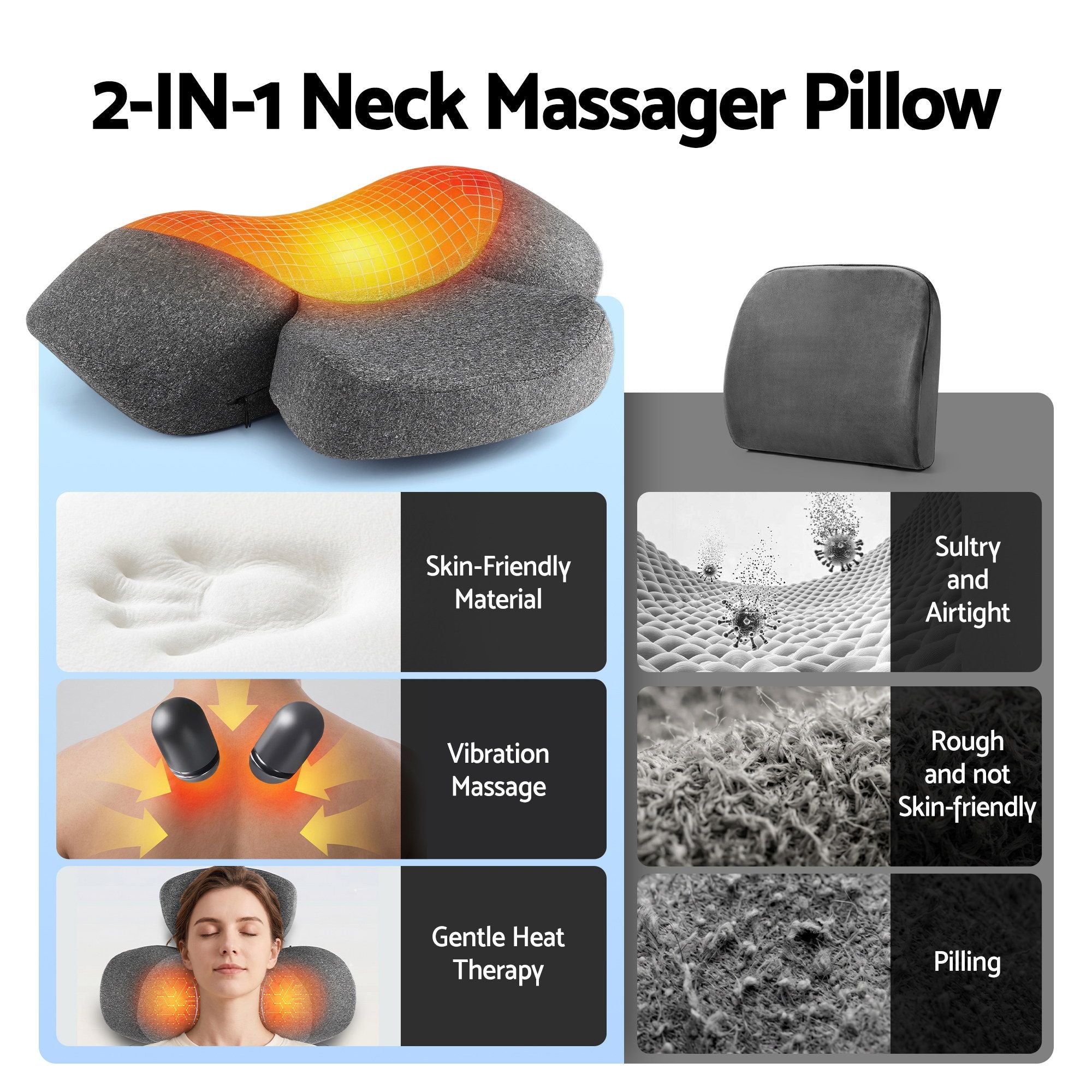 Livemor 2-in-1 Neck Massager Pillow with Heat, Memory Foam Cervical Support for Relief, 3-Speed Vibration & 3-Level Thermal Therapy, Type-C Rechargeable Massage Pillow for Neck & Shoulder