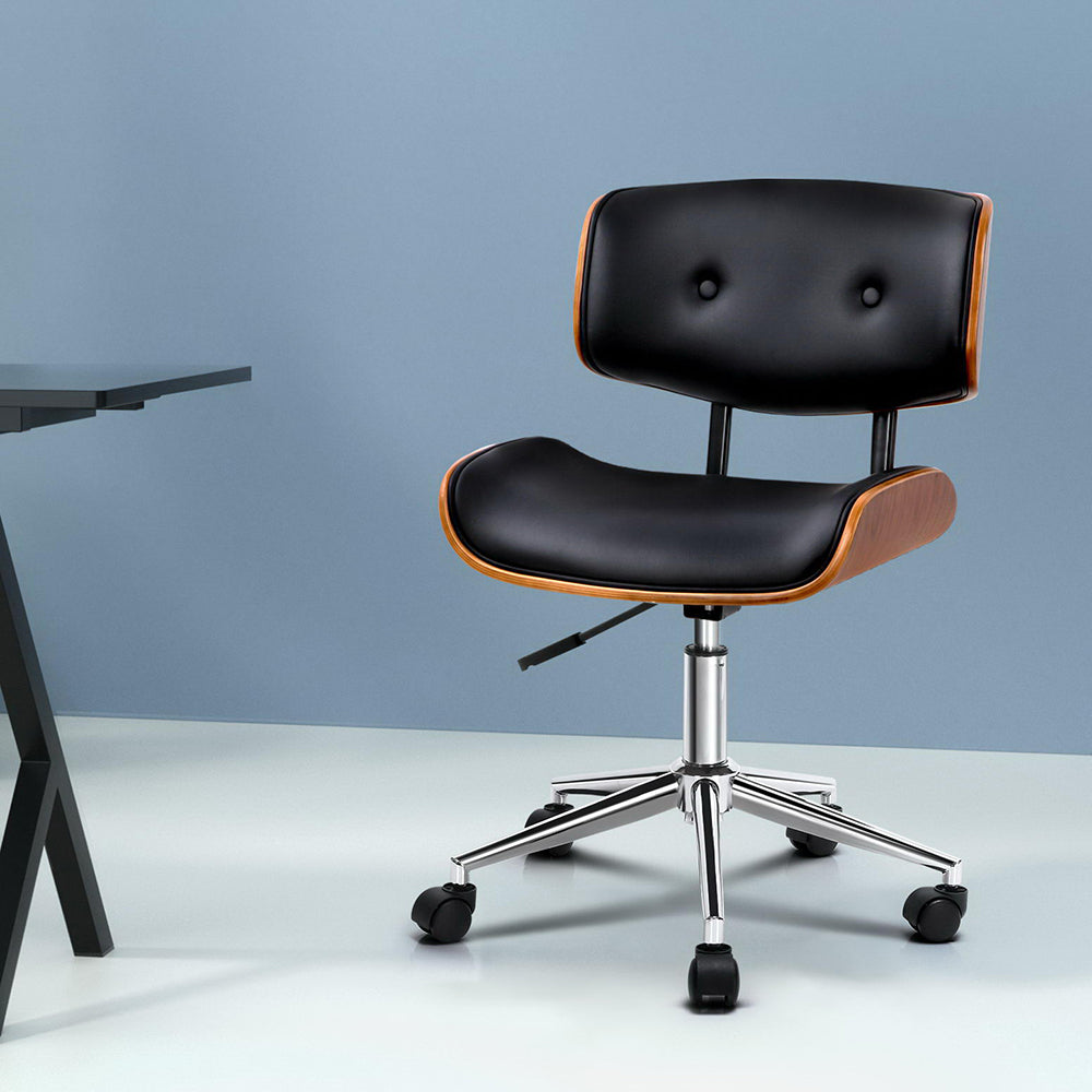 Artiss Wooden Office Chair PU Leather Black Brown