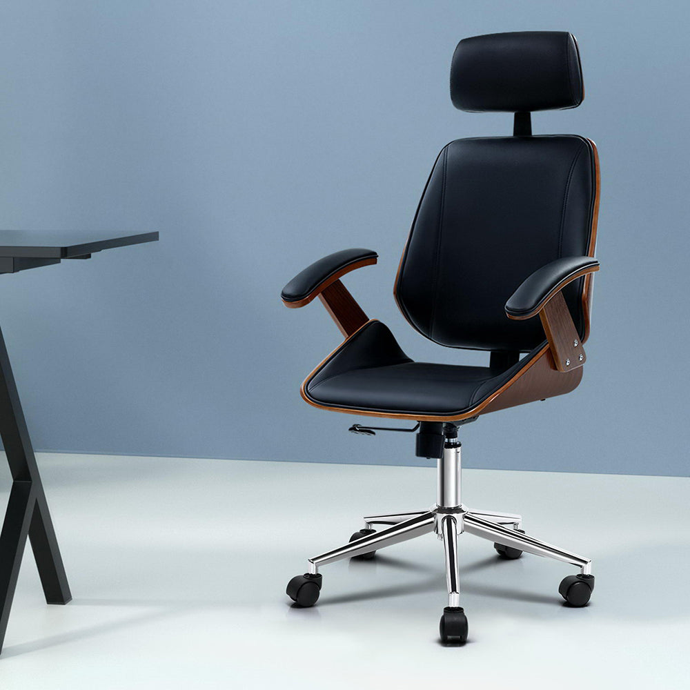 Ashby Office Chair Wooden Frame Leather Seat Black