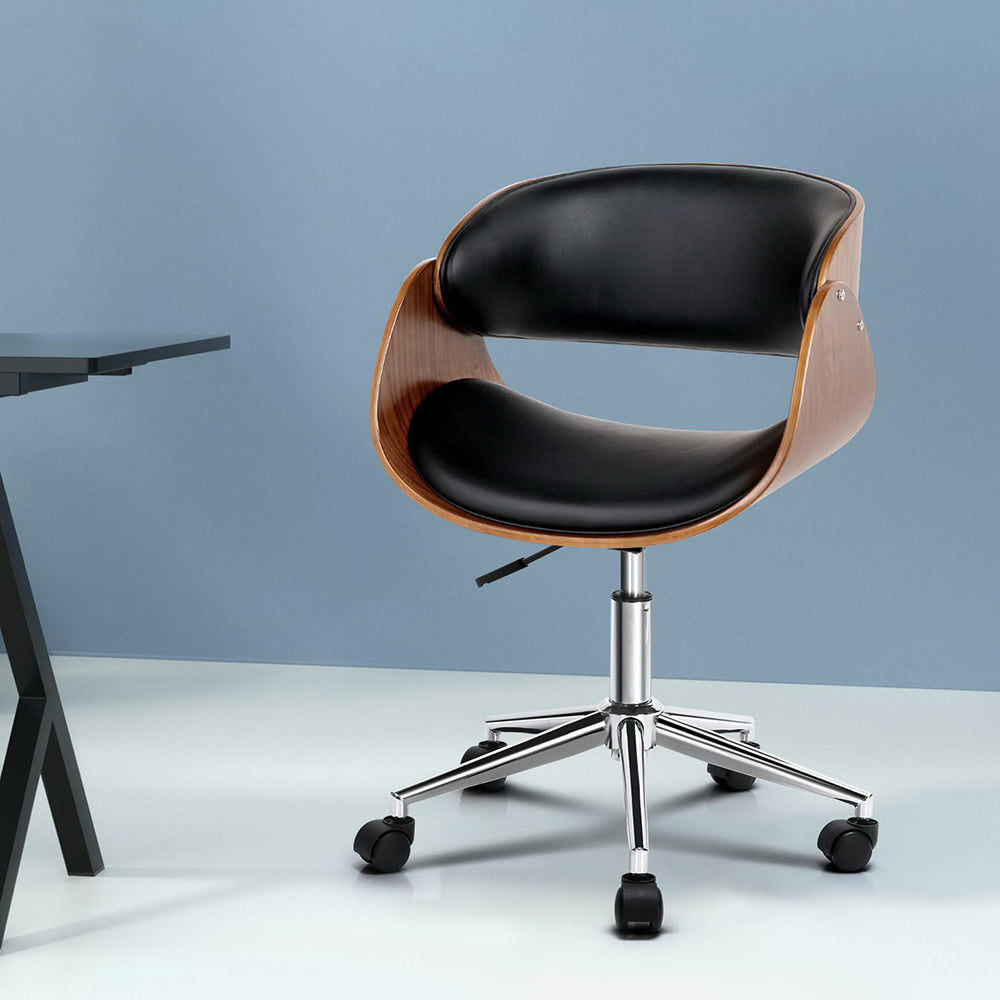 Retro Wooden Office Chair Leather Seat Black Brown