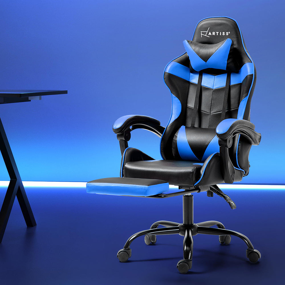 Comfy Gaming Office Chair with Recliner Footrest Blue