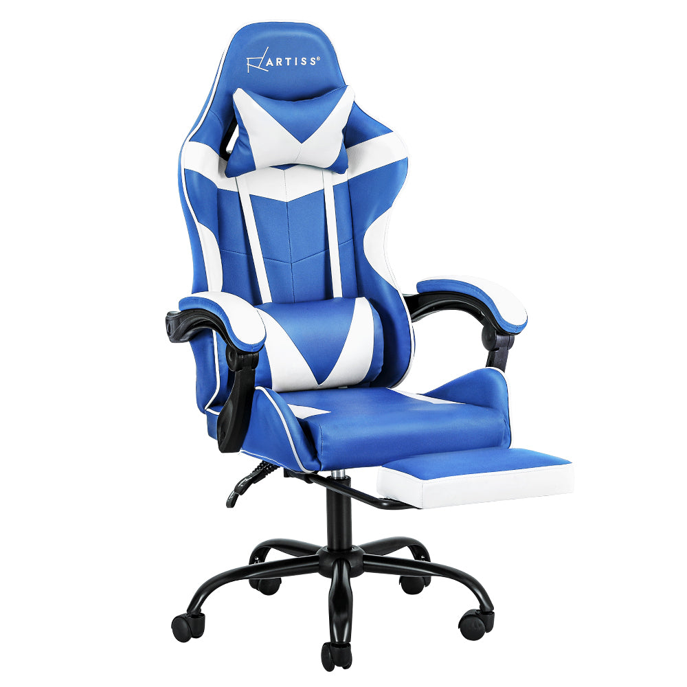 Comfy Executive Gaming Office Chair Leather Footrest Blue White