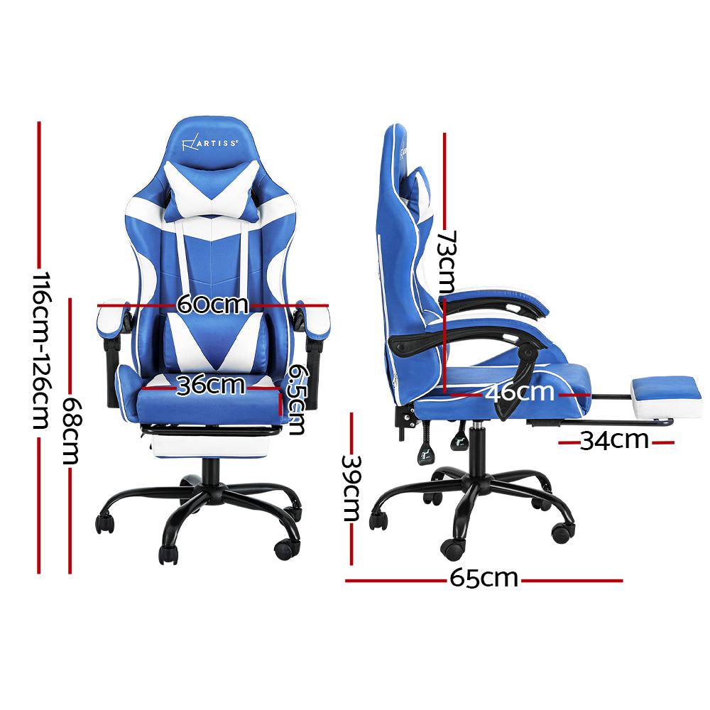 Comfy Executive Gaming Office Chair Leather Footrest Blue White