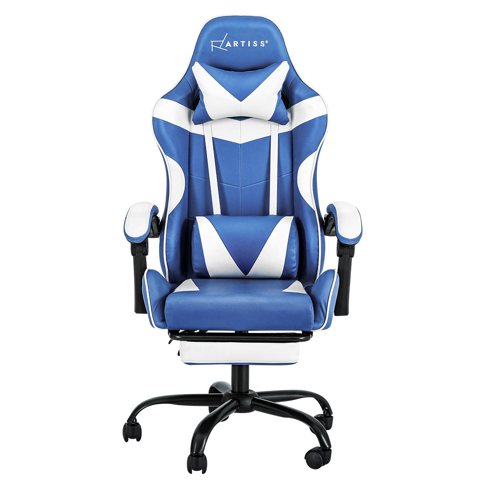 Comfy Executive Gaming Office Chair Leather Footrest Blue White