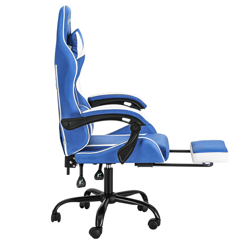Comfy Executive Gaming Office Chair Leather Footrest Blue White