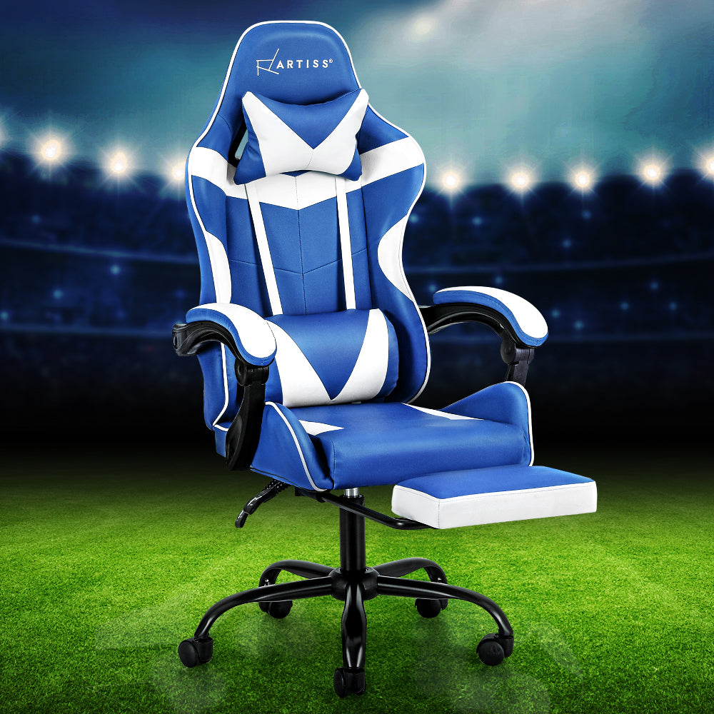 Comfy Executive Gaming Office Chair Leather Footrest Blue White