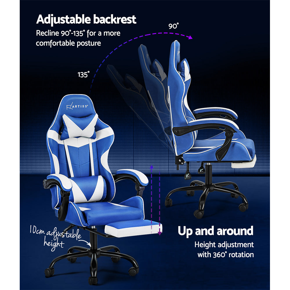 Comfy Executive Gaming Office Chair Leather Footrest Blue White