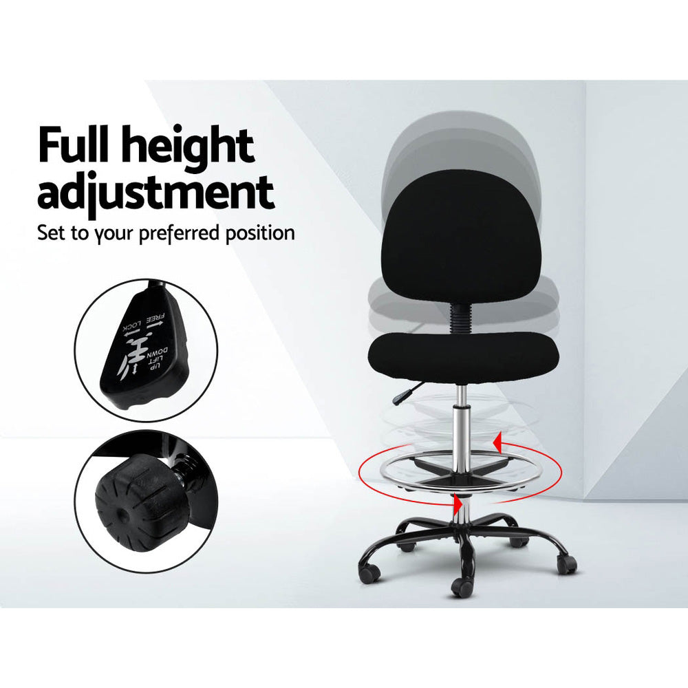 Drafting Stool Office Chair Mid Back Black Fabric