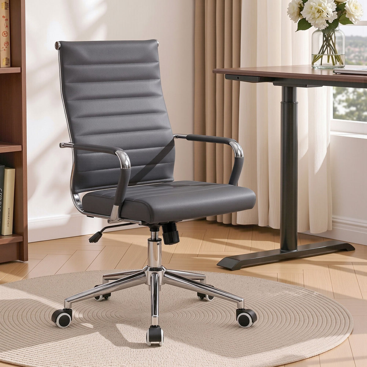 Artiss Conference Office Chair Swivel Computer Chair High Back Ribbed PU Leather Grey