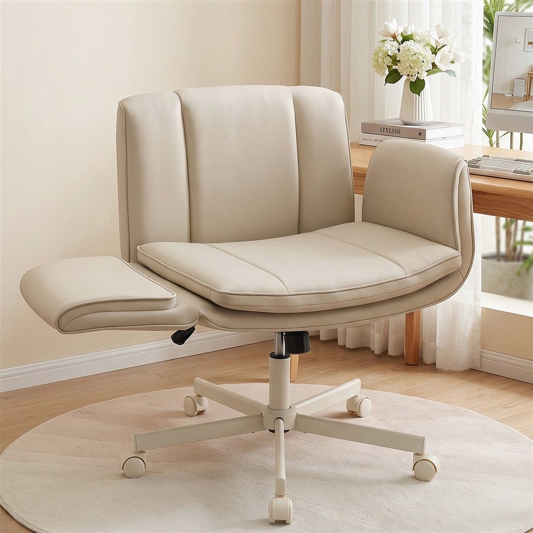 Artiss Cross Legged Office Chair Wide Seat Swivel Vanity Chair Beige